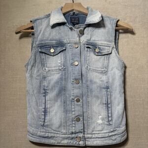 Guess Womens Sleeveless‎ Denim Jean Jacket Vest XS Light Wash Distressed Retro